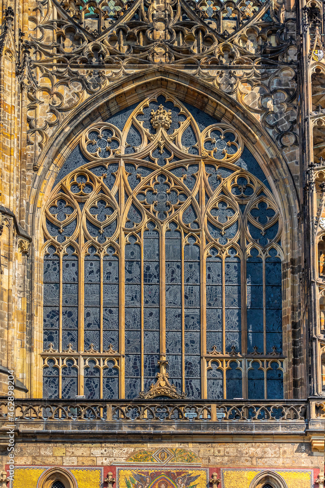 Ornate gothic window, detail of the gothic architecture of St. Vitus Cathedral, Prague, Czech republic