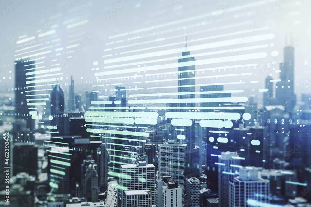 Obraz premium Multi exposure of abstract creative digital world map hologram on Chicago skyscrapers background, research and analytics concept