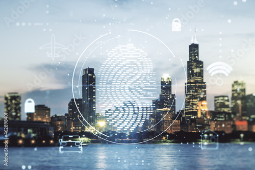 Multi exposure of virtual creative fingerprint hologram on Chicago skyscrapers background, personal biometric data concept