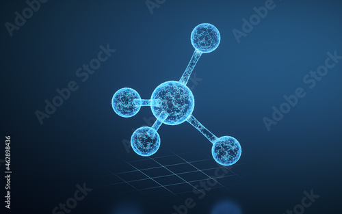 The blue lines and glowing molecules, 3d rendering.