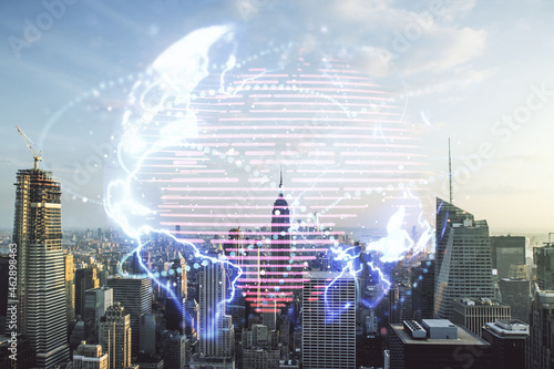 Double exposure of abstract digital world map hologram with connections on Manhattan office buildings background, big data and blockchain concept
