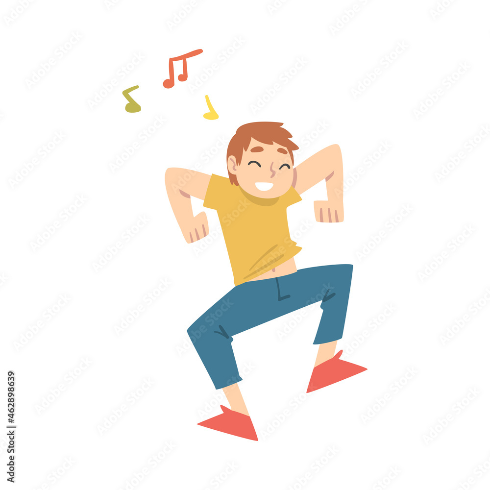 Positive Young Man Dancing Moving Hands and Legs to Music Rythm Vector Illustration Positive Young Man Dancing Moving Hands and Legs to Music Rythm Vector Illustration