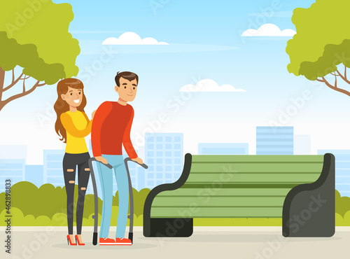 Smiling Man on Crutches Walking with Woman in the Park Vector Illustration