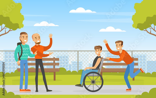 Disabled Man on Wheelchair Meeting Friends in the Park Greeting Vector Illustration