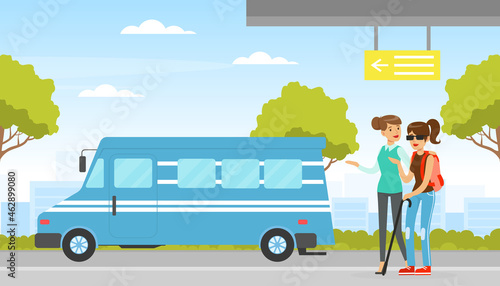 Young Blind Woman with Stick Walking Along the Street Having Volunteer Support Vector Illustration