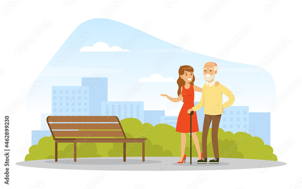 Smiling Woman Leading Senior Man by the Arm Walking in the Park Vector Illustration Smiling Woman Leading Senior Man by the Arm Walking in the Park Vector Illustration