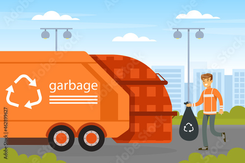 Man Waste Collector or Garbageman in Orange Uniform Collecting Municipal Solid Waste and Recyclables in Garbage Truck Vector Illustration