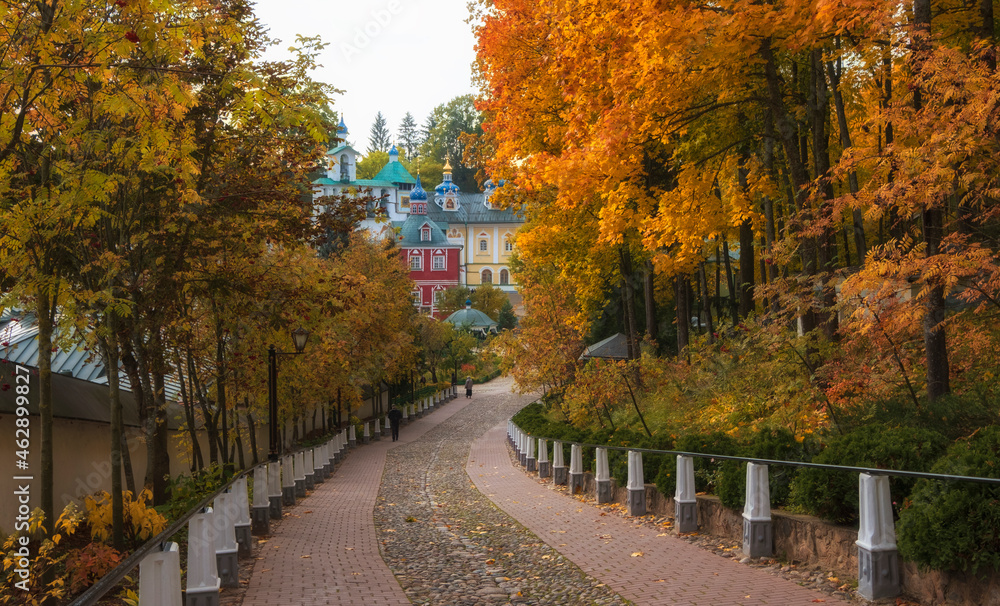 Naklejka premium road to beautiful churches in the Dormition Pskovo Pechersky Monastery in the city of Pechery, Pskov Region, Russia during the golden autumn