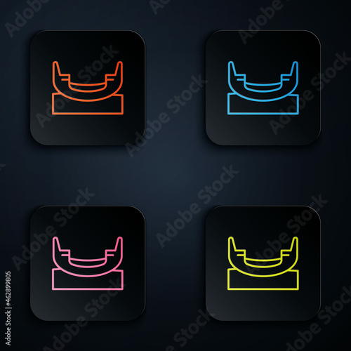 Color neon line Boat swing icon isolated on black background. Childrens entertainment playground. Attraction riding ship, swinging boat. Amusement park. Set icons in square buttons. Vector