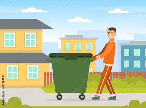 Man Waste Collector or Garbageman in Orange Uniform Pushing Dustbin with Municipal Solid Waste and Recyclables Vector Illustration