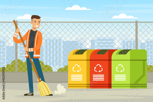 Man Street Cleaner or Garbageman in Orange Uniform Sweeping Yard Ground with Broom Vector Illustration