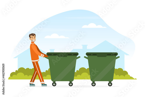 Man Waste Collector or Garbageman in Orange Uniform Pushing Dustbin with Municipal Solid Waste and Recyclables Vector Illustration