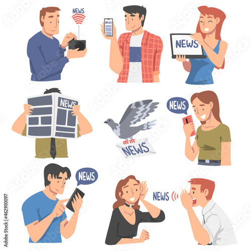People Character Gathering News Using Smartphone, Newspaper and Radio Vector Set