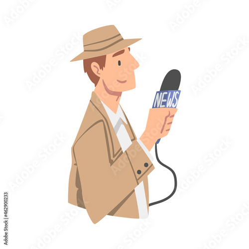 Man Journalist Character in Hat with Microphone Gathering News Conducting Interview Vector Illustration