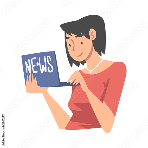 Woman Character Gathering News Using Laptop Vector Illustration