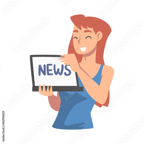 Woman Character Gathering News Using Laptop Vector Illustration