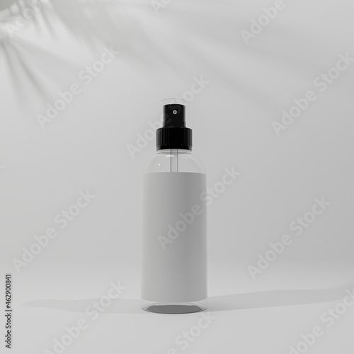 spray bottle with a white label for mockup front view with 3d background