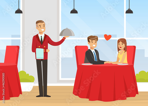 Man Waiter as Hotel Staff in Uniform Serving Dish for Visitor in Restaurant Vector Illustration