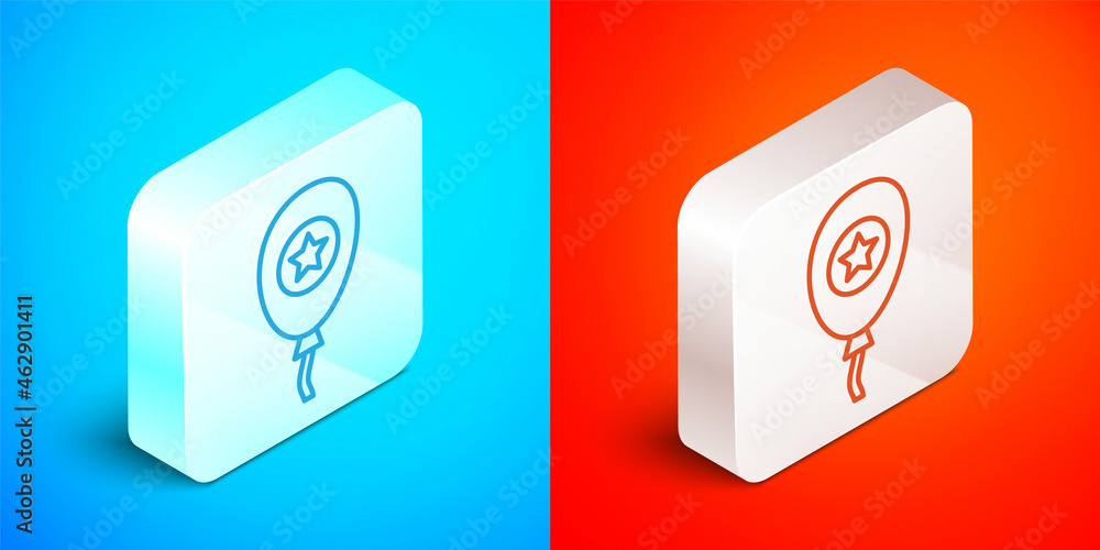 Isometric line Balloons with ribbon icon isolated on blue and red background. Silver square button. Vector Isometric line Balloons with ribbon icon isolated on blue and red background. Silver square button. Vector