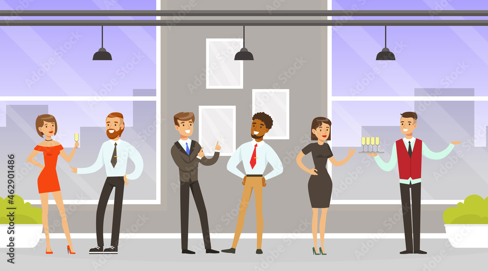 Man Waiter as Hotel Staff in Uniform Serving Visitors Distributing Drinks Vector Illustration Man Waiter as Hotel Staff in Uniform Serving Visitors Distributing Drinks Vector Illustration