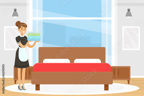 Woman Maid as Hotel Staff in Apron Bringing Clean Laundry in the Room Vector Illustration