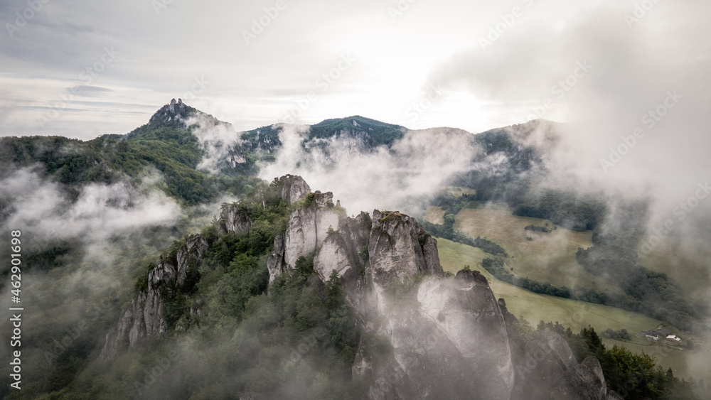Aerial view of the Sulov rocks nature reserve in the village of Sulov in Slovakia
