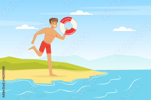 Young Man Lifeguard Running with Lifebuoy Supervising Safety Vector Illustration