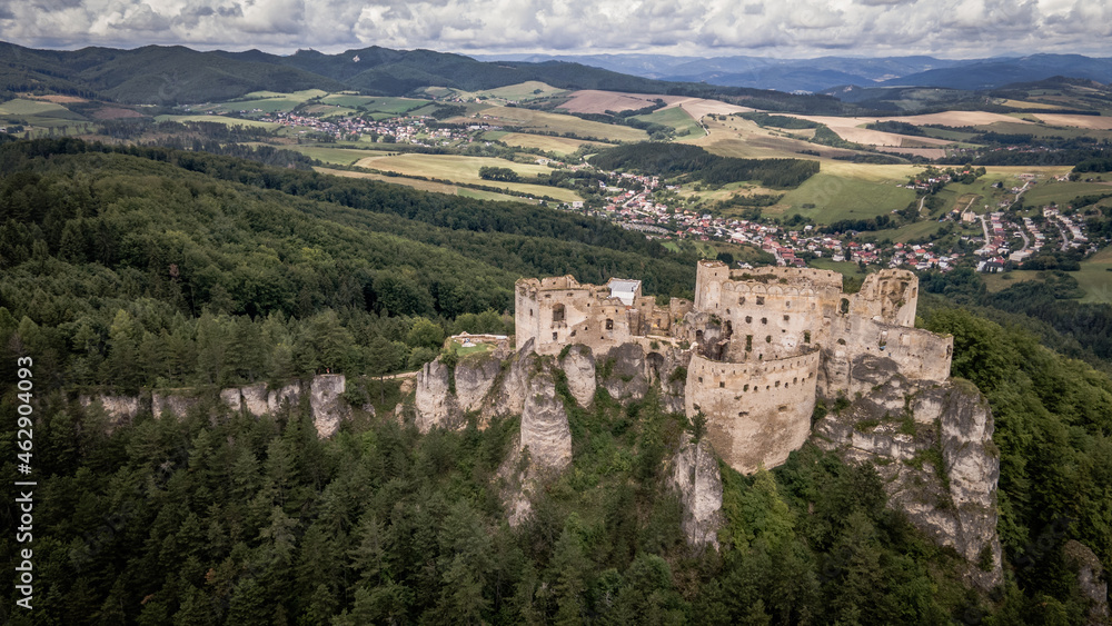 Aerial view of the castle in the village of Lietava in Slovakia