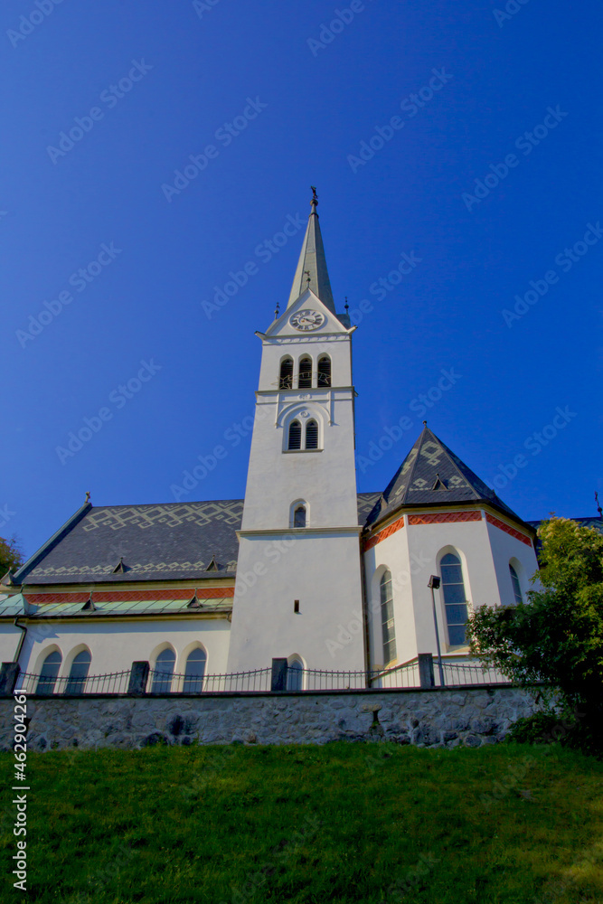 view of church in the village in bled, slovenia