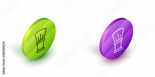 Isometric line Shaving brush icon isolated on white background. Barbershop symbol. Green and purple circle buttons. Vector