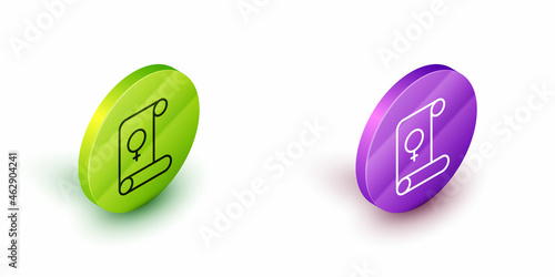 Isometric line Feminism icon isolated on white background. Fight for freedom, independence, equality. Green and purple circle buttons. Vector