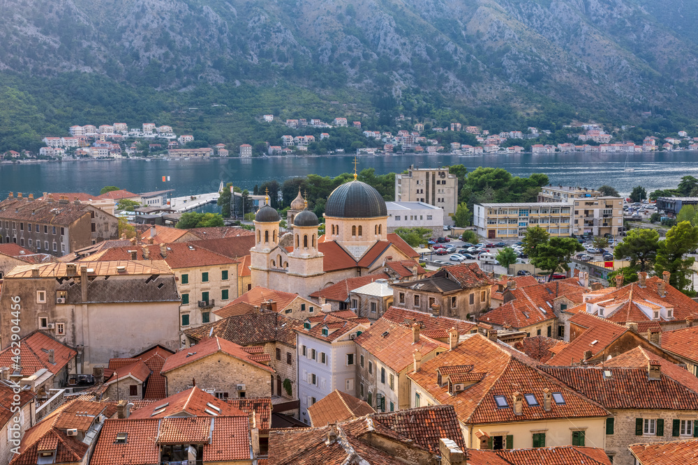 View to Old Town Kotor from above at sunset in Montenegro.