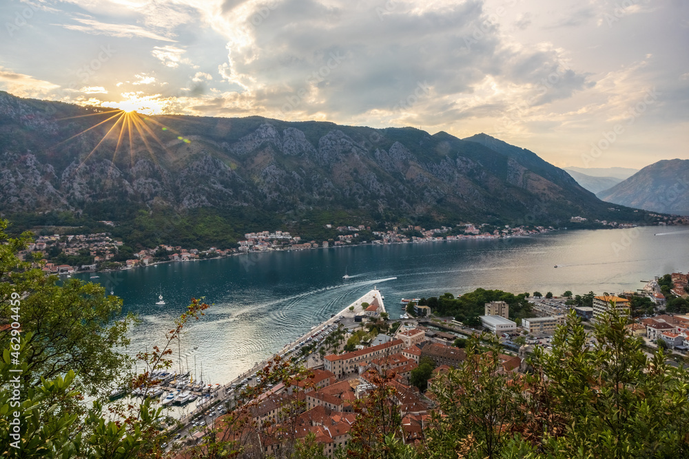 View to Old Town Kotor from above at sunset in Montenegro.