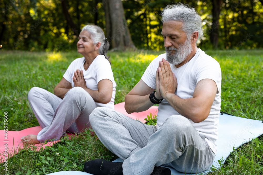 Fototapeta premium Beautiful senior couple is meditating in the park 