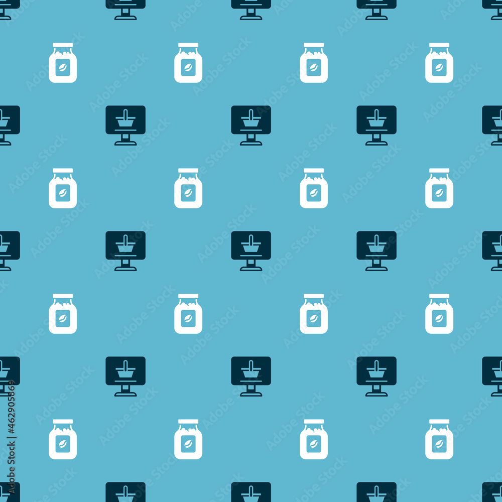 Set Shopping cart on computer and Coffee jar bottle on seamless pattern. Vector Set Shopping cart on computer and Coffee jar bottle on seamless pattern. Vector