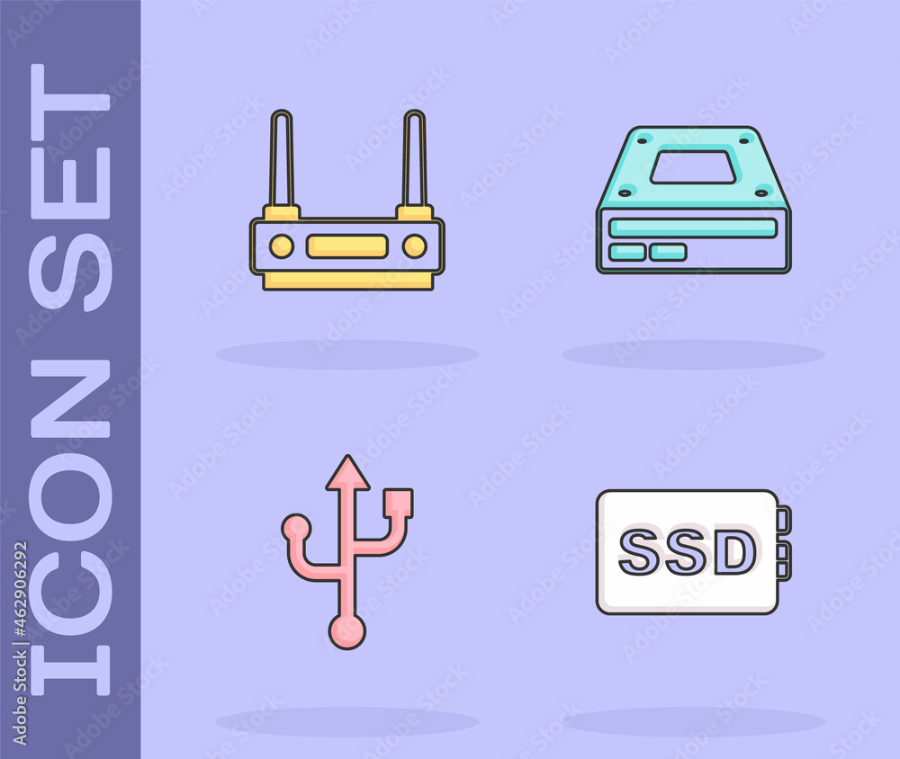 Set SSD card, Router and wi-fi signal, USB and Optical disc drive icon. Vector Set SSD card, Router and wi-fi signal, USB and Optical disc drive icon. Vector