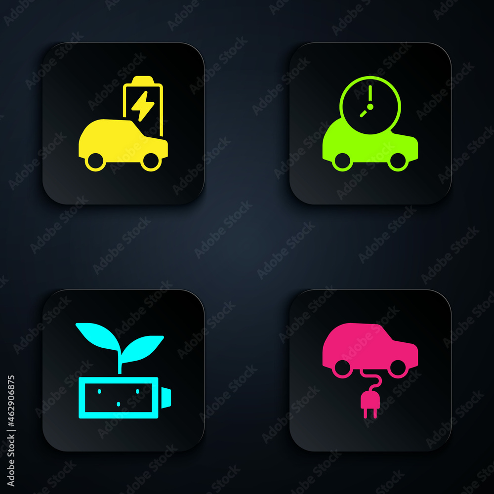 Set Electric car, Eco nature leaf battery and . Black square button. Vector Set Electric car, Eco nature leaf battery and . Black square button. Vector