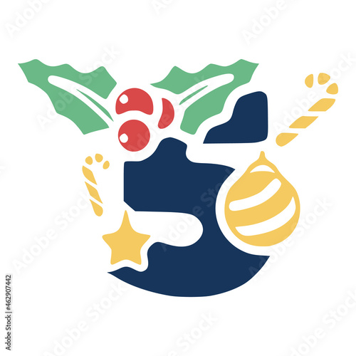 Number 5 is decorated with mistletoe and Christmas elements. New Year vector clip art.