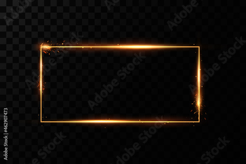 Gold frame with fiery sparks. Gold frame with light effects. Shining banner.