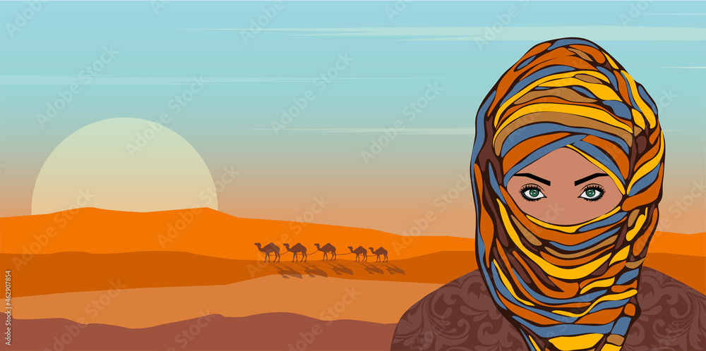 Portrait of muslim beautiful girl in patterned hijabagainst the background of a desert landscape, vector illustration