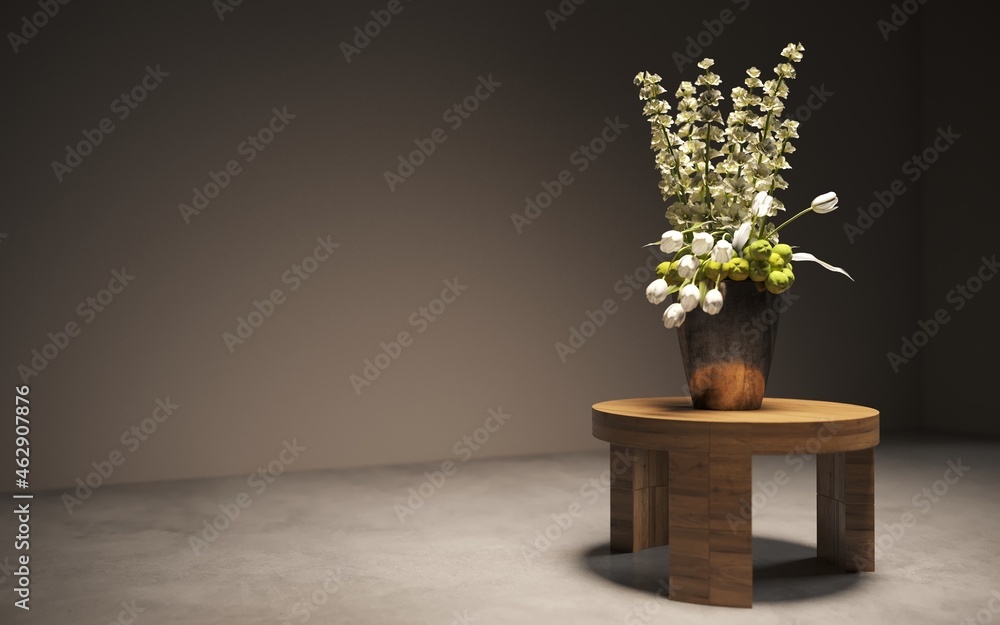 Still life lilac flowers in a vase on the table. 3D illustration, cg render - obrazy, fototapety, plakaty 