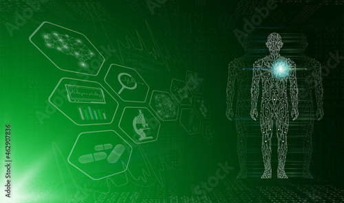 abstract background technology concept in green light,human body heal,technology modern medical science in future and global international medical with tests analysis clone DNA human