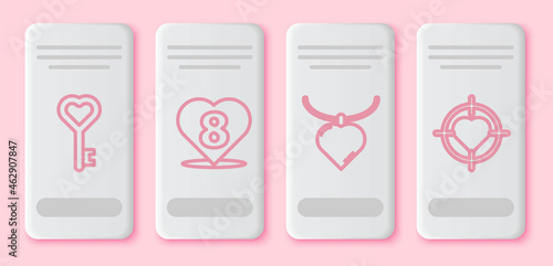 Set line Key in heart shape, Heart with 8 March, Necklace with heart shaped pendant and Heart in the center of target aim. White rectangle button. Vector