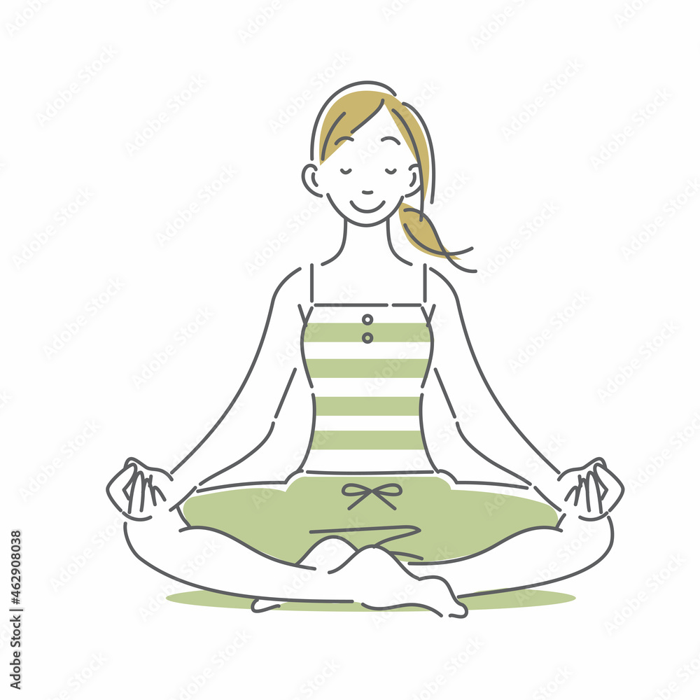 目を閉じリラックスした表情で瞑想をする女性 シンプルでお洒落な線画イラスト Stock Vector Adobe Stock