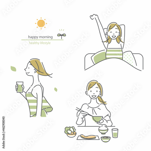 健康的な朝の習慣　和食　シンプルでお洒落な線画イラスト
