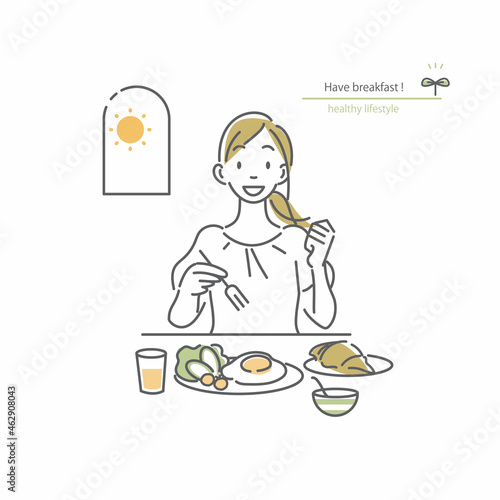 栄養バランスのとれた朝食を食べるポジティブな女性　シンプルでお洒落な線画イラスト
