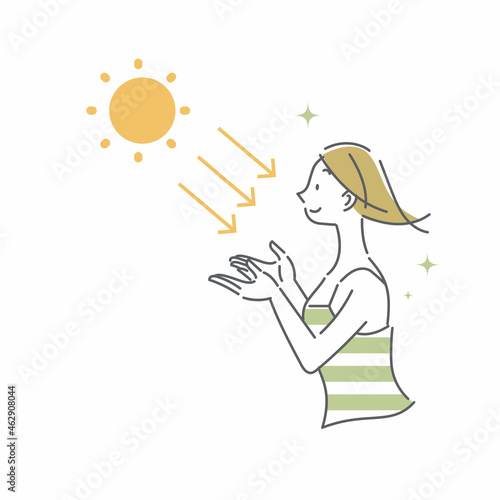 太陽の光を浴びる女性　シンプルでお洒落な線画イラスト