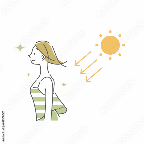 背中に太陽の光を浴びる女性　シンプルでお洒落な線画イラスト