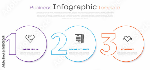 Set line Broken heart or divorce, Marriage contract and Amour with and arrow. Business infographic template. Vector