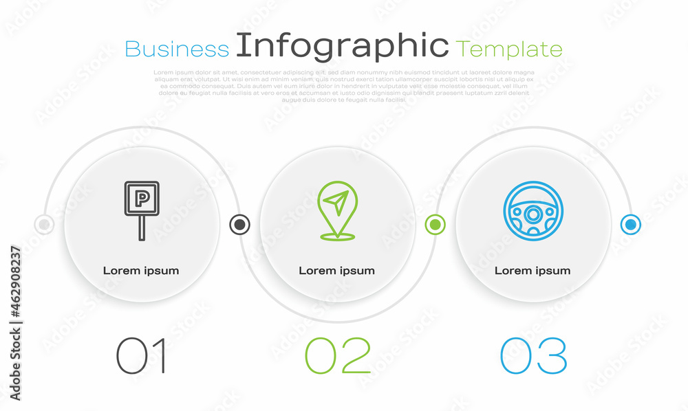 Set line Parking, Location and Steering wheel. Business infographic template. Vector Set line Parking, Location and Steering wheel. Business infographic template. Vector